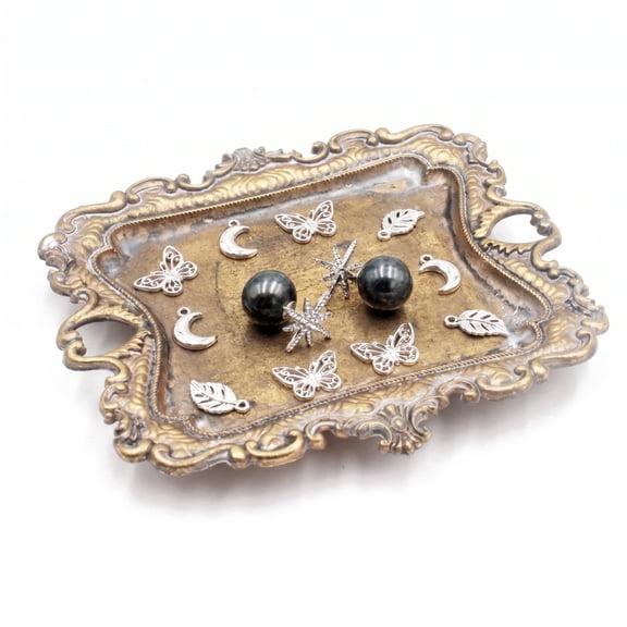 Vintage Gold Resin Trinket Dish, Small Antique Jewelry Tray, Decorative Ring Holder Organizer for Vanity Dresser Bathroom Home Decor