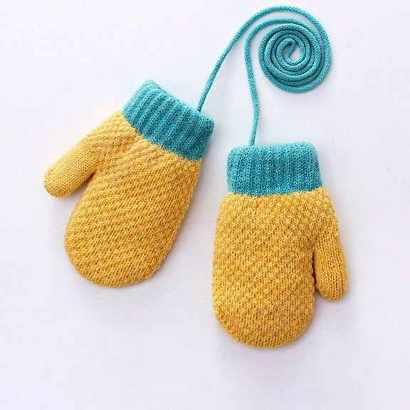 Toddler Color Block Winter Thermal Gloves Warm Knit Mittens Baby String Plush Gloves 1-3Year