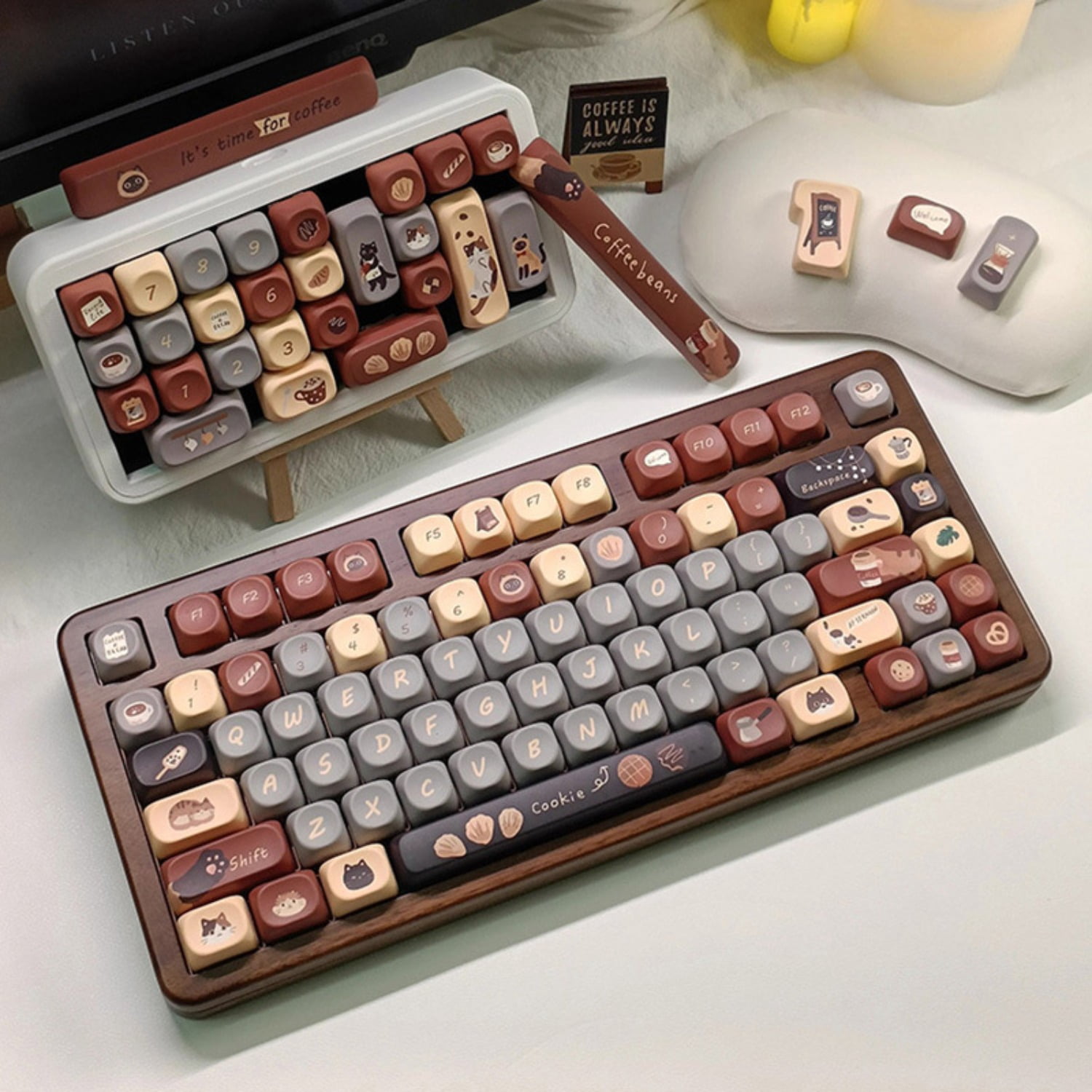Coffee Cat Theme Keycap Full Set, 5-Side Dye-Sublimation Cherry/MOA Profile Cute Keycaps for Mechanical Keyboard