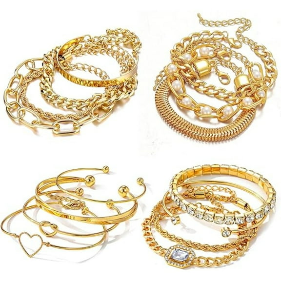 15 Pcs Gold Tone Bracelets Set for Women, Adjustable Stackable Cuff & Chain Bangles, Dainty Layered Jewelry for Daily Wear and Gifting