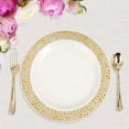 thumbnail image 6 of Efavormart 10 Pack - 10" Ivory Round Disposable Plastic Dinner Plates With Gold Lace Design Rim for Weddings, Birthdays, Parties, Gathering, Graduation Ceremonies, Special Events, 6 of 11