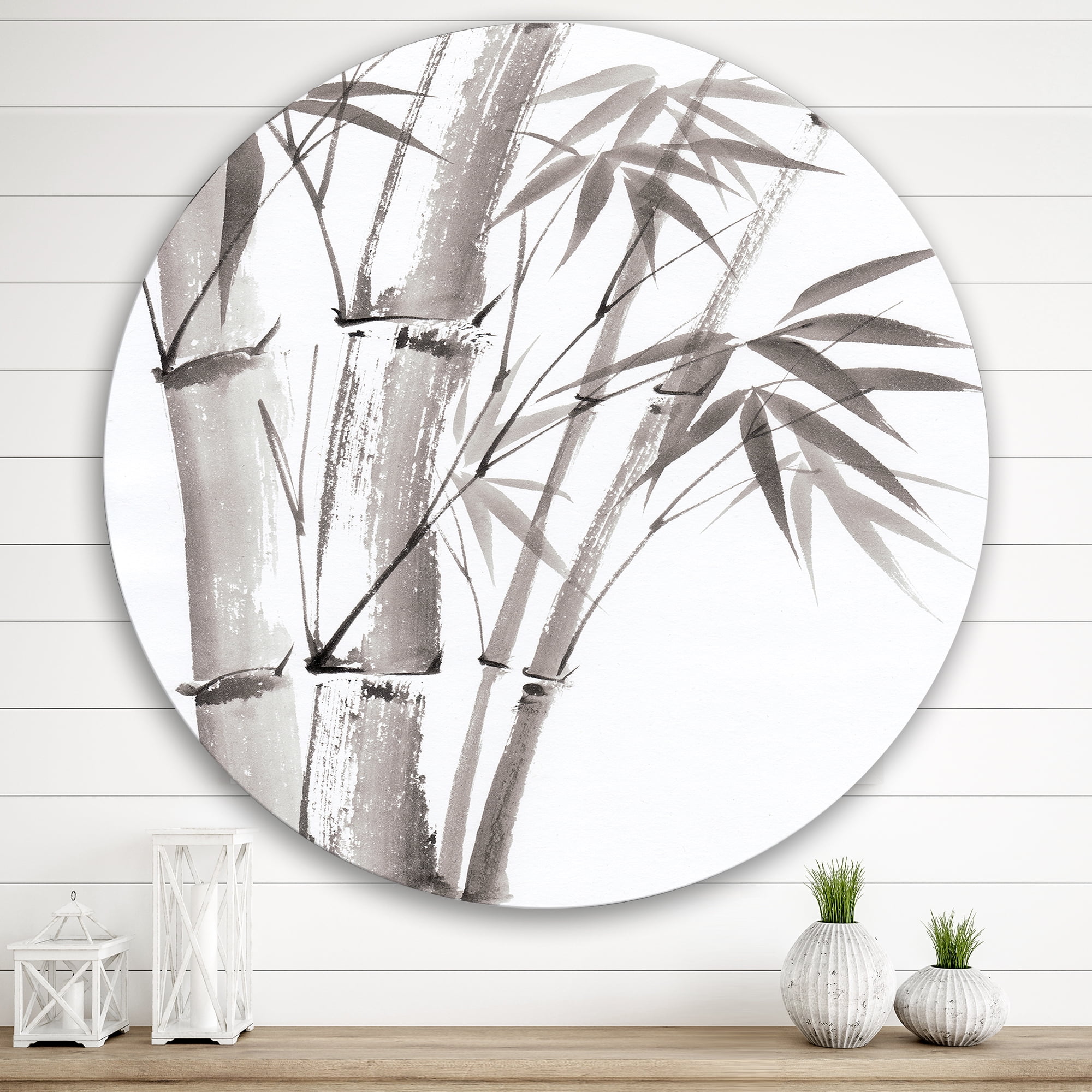 Designart 'Palm Bamboo Detail On White III' Traditional Circle Metal Wall Art 36x36 - Disc of 36