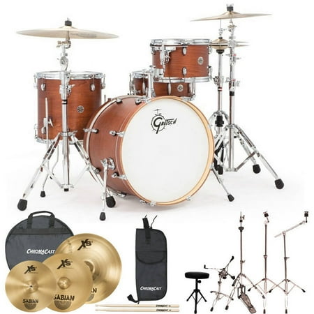 Gretsch Drums Jazz Catalina Club 4 Piece Drum Shell Pro Pack with Sabian Performer Cymbal Set, ChromaCast Hardware and ChromaCast Accessories, Satin Walnut Glaze (Box 3 of 3)
