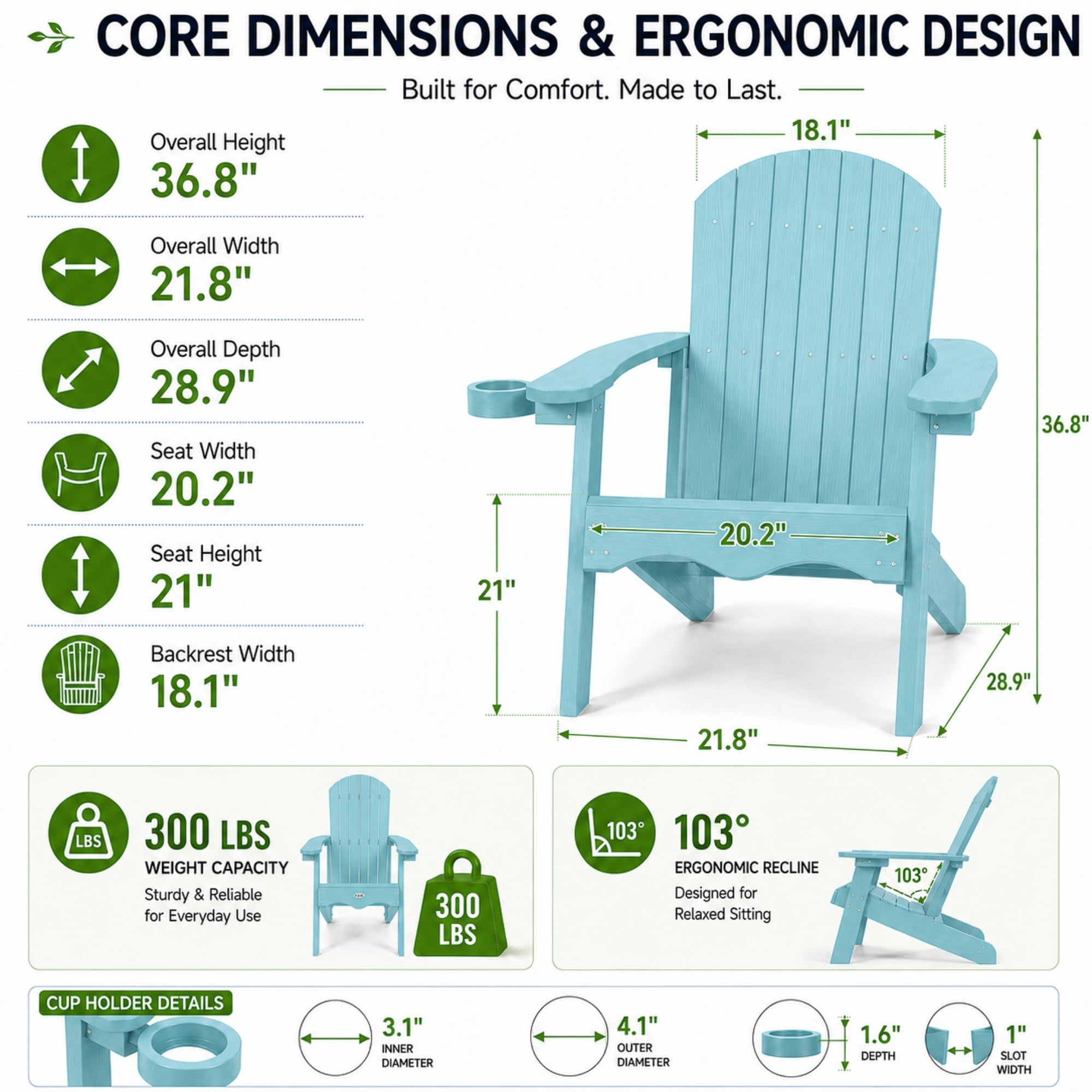 Y&M Adirondack Chair, HDPE Weather Resistant Outdoor Chair with Cup Holder, Light Blue