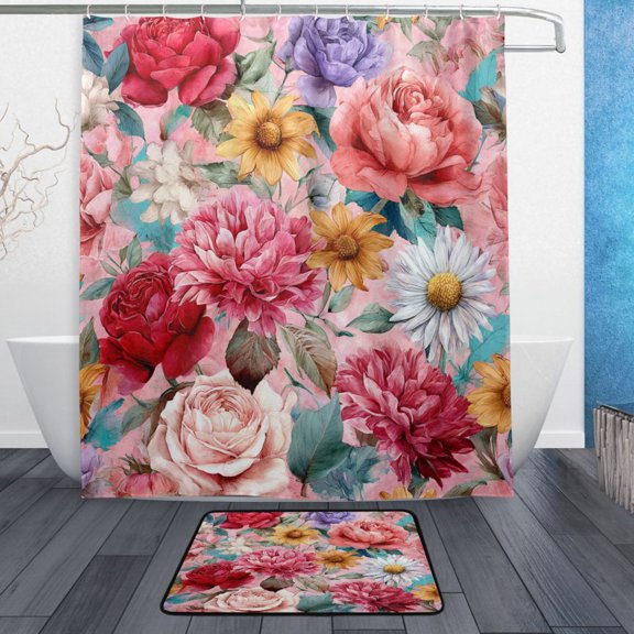 TTYFWHD 60" x 72" Shower Curtain and Bath Mat Set Fantasy Art Floral Pattern Waterproof Bathroom Curtain with 12 Hooks, Bathroom Decor Set