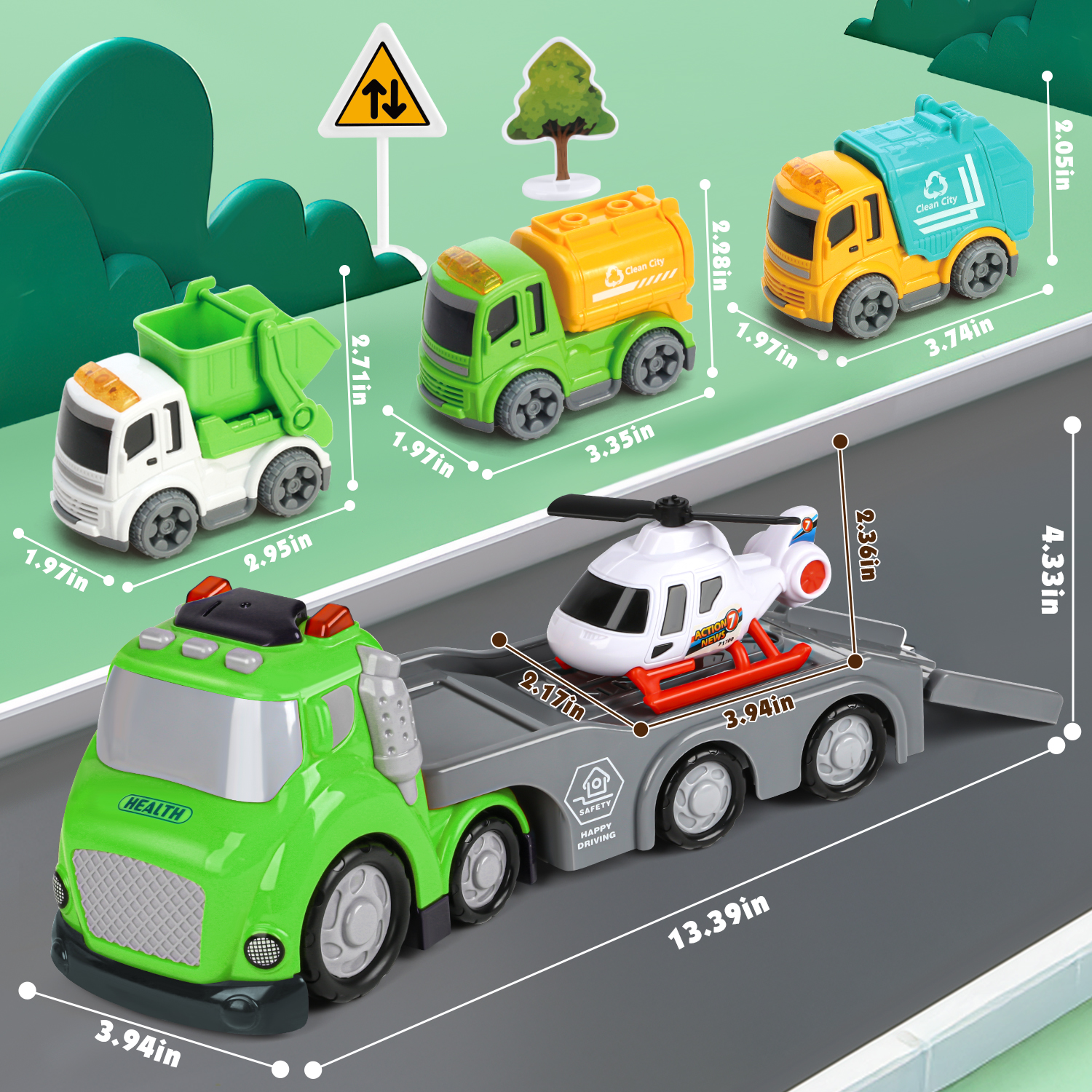 Hot Bee Garbage Recycling Carrier Truck Toy with Lights & Sounds, Sanitation Vehicle Toy for Boys Age 3+, Transport Trash Playset w/ Mini Cars Gift for Boys 3-5