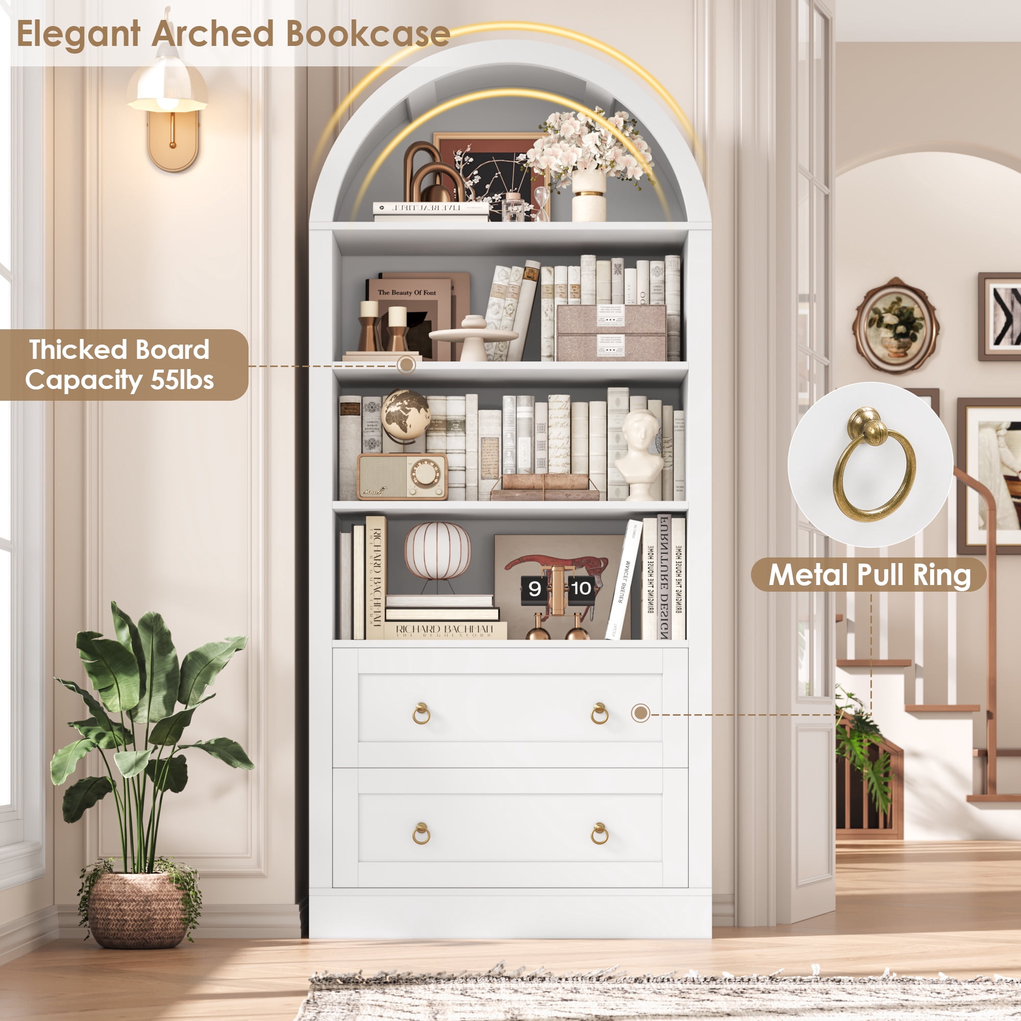 Hiphuta 70"Tall Arched Bookcase, 4-Tier Bookshelves with 2 Large Drawers, Wooden Display Shelf with Storage for Living Room Home Office, White