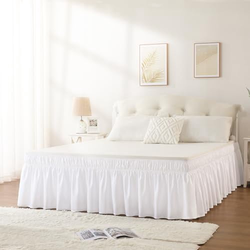 Queen Size 18-Inch Drop White Bed Skirt, Elastic Wrap-Around Dust Ruffle for Bed Frame, Lightweight Adjustable Bed Skirting Easy to Install