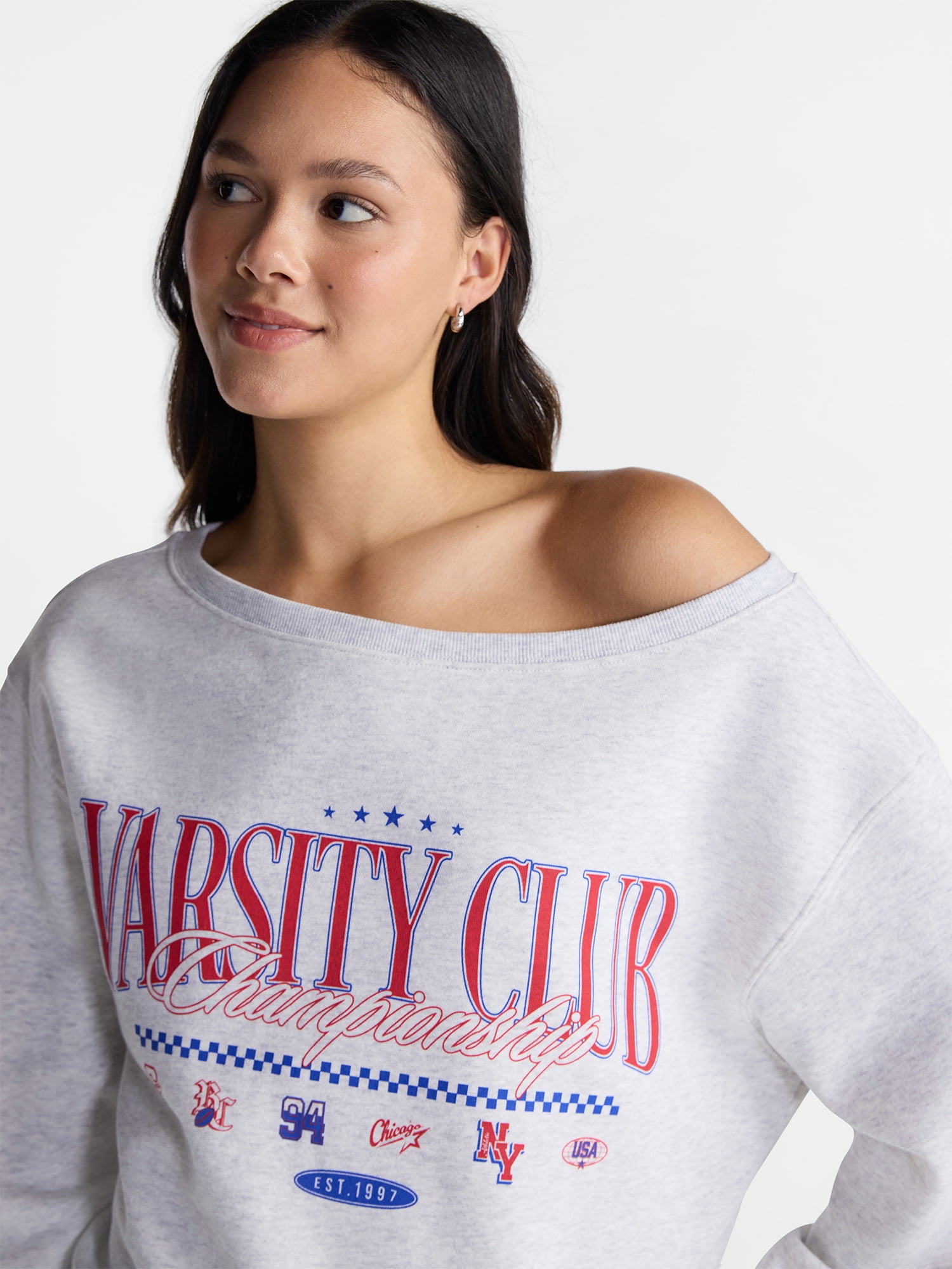 No Boundaries Off the Shoulder Sweatshirt with Long Sleeves, Midweight, Women’s XXS-4X