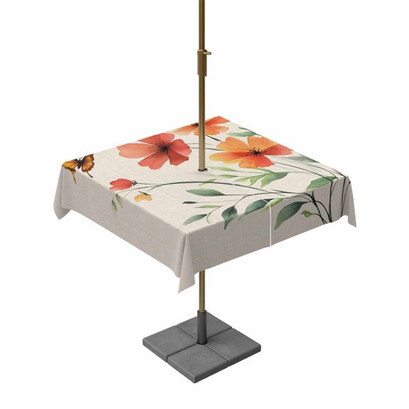 Outdoor Table Cloth with Umbrella Hole and Zipper, Orange Red Flowers Waterproof Square Tablecloth 54"x54", Farmhouse Pastoral Botanical Washable Table Cover for Outside Party Patio Picnic