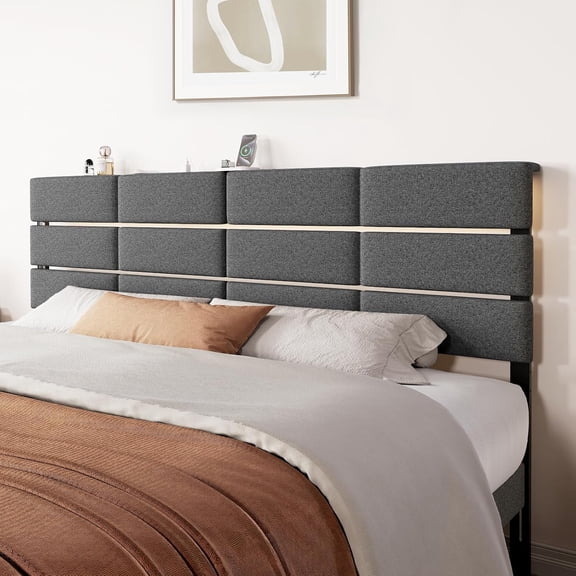 King/Cal King Upholstered Headboard with LED Light & Charging Station, Bed Headboard Only, Attach Frame for Bedroom, Dorm, Guest Room, Dark Grey
