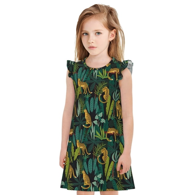Vsdgher Jungle Léopard Jaune pour Filles Chemises de Nuit Manches Courtes à Volants Robe de Nuit Pyjama pour Fête Pyjama-TG