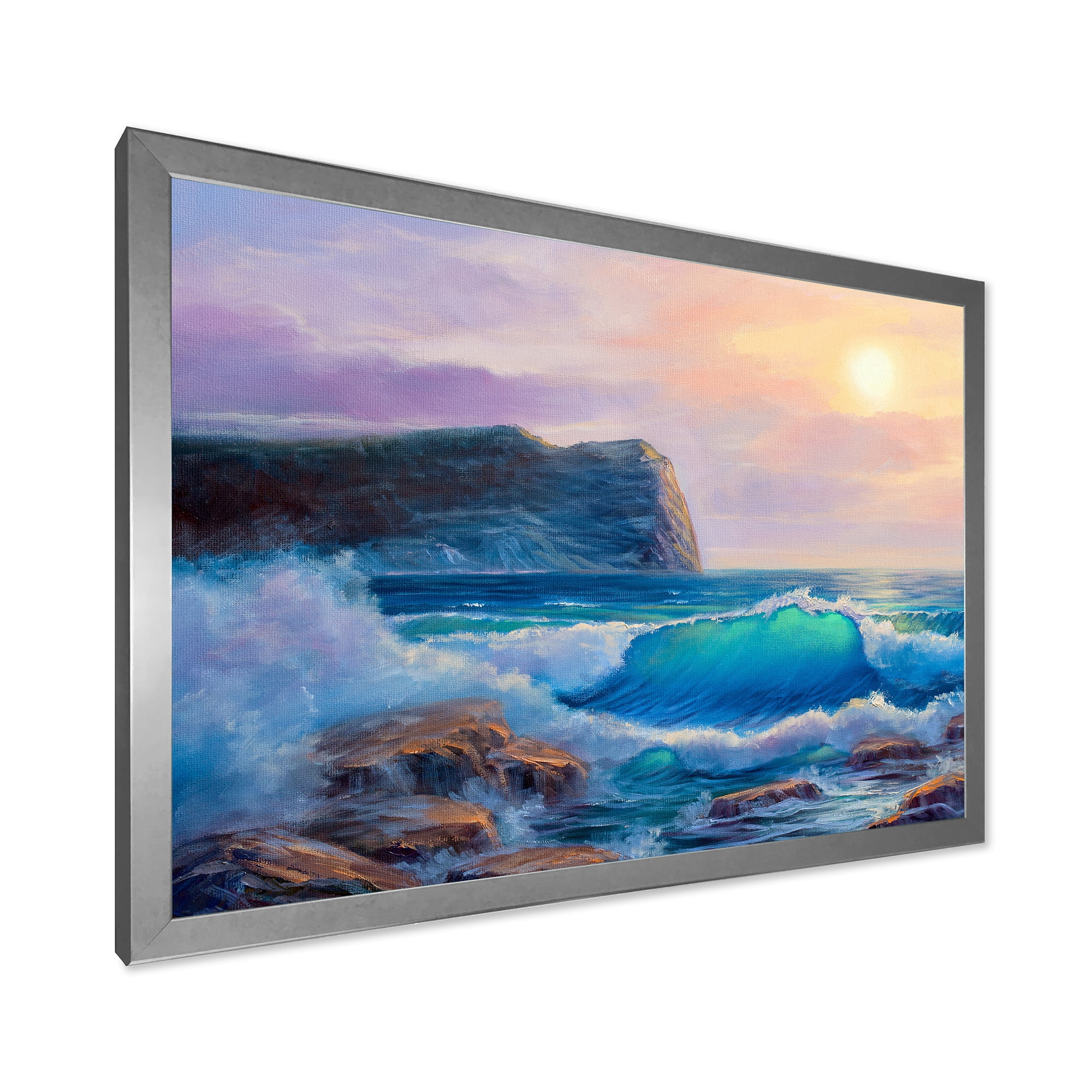 Designart 'Blue Waves Breaking At The Beach Landscape III' Nautical & Coastal Framed Art Print