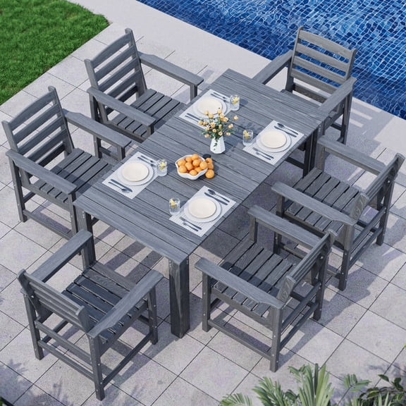 Gray 7-Piece HDPE Plastic Patio Outdoor Dining Set with Arm Chairs