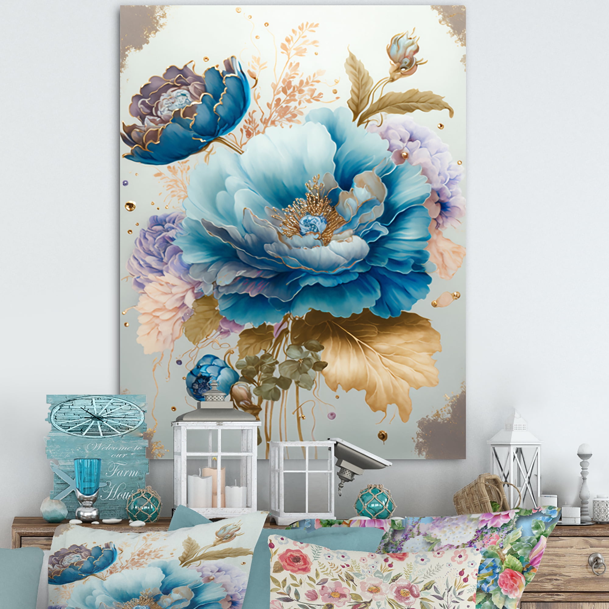 Designart Golden Blue Flower Arrangement I Canvas Wall Art