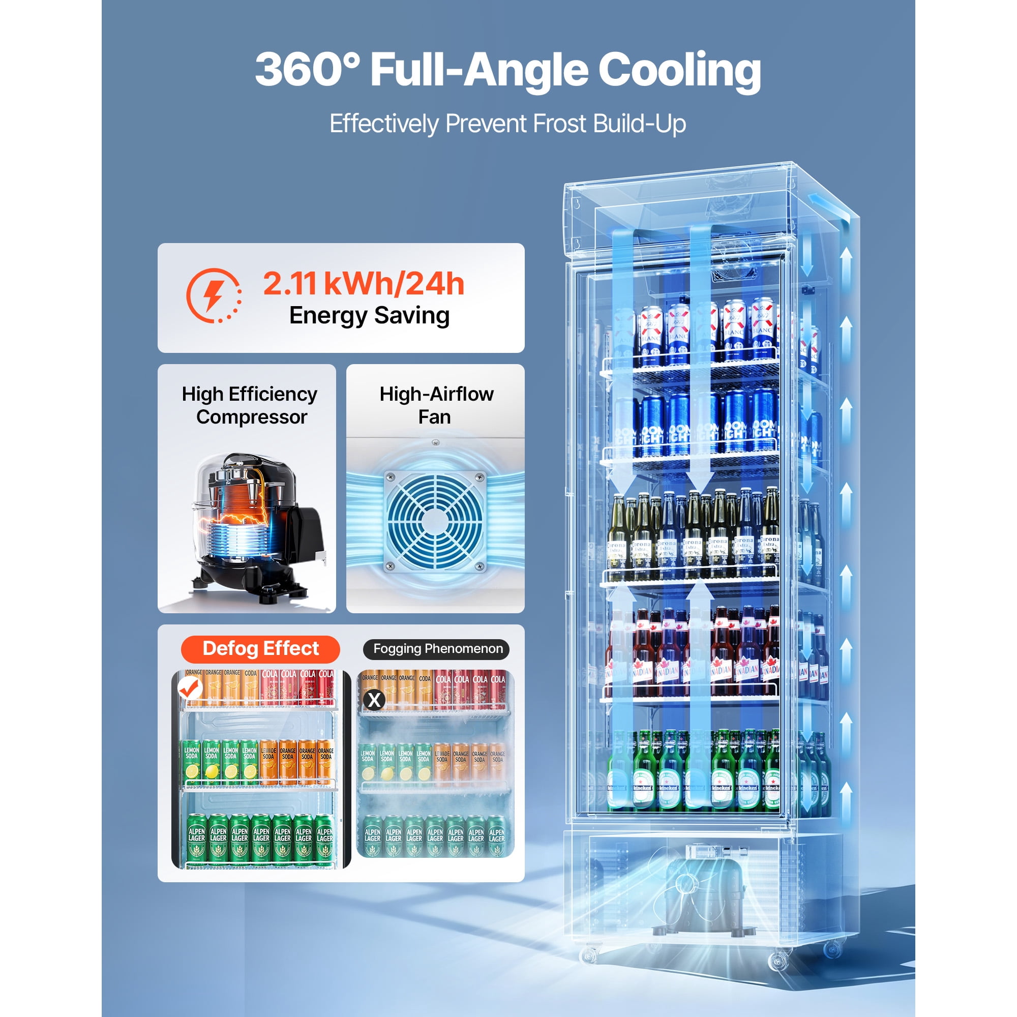 KFFKFF Commercial Glass Door Refrigerator, 12.7 Cu.Ft / 360 L Upright Beverage Cooler with Adjustable Shelves, LED Lighting, and Customizable Lightbox for Home or Retail Use