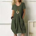 thumbnail image 2 of Birdeem Robe Décontractée Mode Col Rond Boutons Manches Courtes Coton Lin Longueur Genou avec Poches Robes Unies, 2 of 12