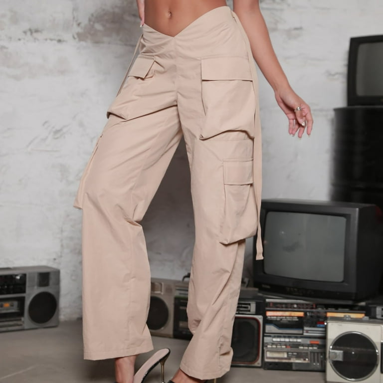 JWZUY Women High Waisted Cargo Pants Wide Leg Straight Casual Pants 6  Pockets Combat Military Trousers Khaki XL 