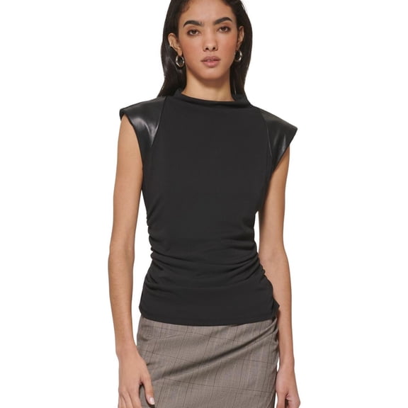 DKNY Womens Faux-Leather-Trim Knit Blouse, Black, X-Small