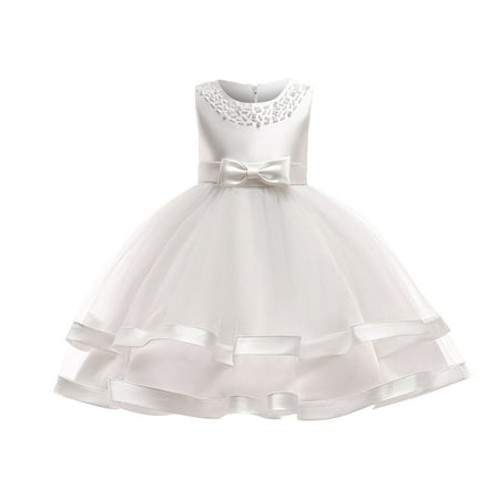 

Clearance Gallickan Flower Girl Tulle Dress Toddler Girls Solid Color Pearl Net Yarn Bowknot Birthday Party Flowers Gown Kids Dresses Sizes 3T-8T