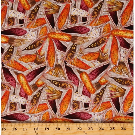 Cotton Fall Corns Cobs Harvest Thanksgiving Sesaonal Foods Vegetables Multi Cotton Fabric Print by the Yard (1525-41)
