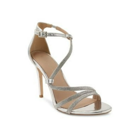 

BCBGENERATION Womens Silver Comfort Rhinestone Strappy Jalila Round Toe Stiletto Buckle Leather Dress Sandals 9.5 M