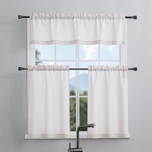 Sleep Zone 3 Piece Linen Look Kitchen Valance Curtain Set, Rustic Farmhouse Window Valances for Kitchen Bathroom Living Room, 56" x 16.5", Beige