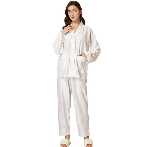 Gibobby Pijama estampada para mujer Conjunto de ropa casual transpirable y absorbente de manga larga de color sólido para mujer(Blanco,G)