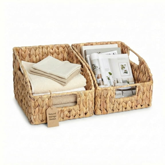 DEILSY Natural Water Hyacinth Wicker Storage Basket with Built-in Handles, Decorative Storage Baskets, Handwoven Wicker Basket for Pantry, Shelves, Closet & Home Organization - 2 Pack