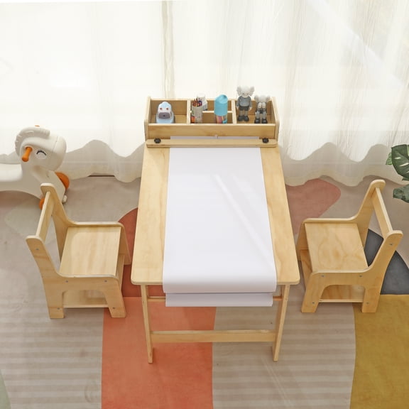 Saihony Kids Art Table and 2 Chairs Set Wooden Drawing Table with Large Storage Shelf Craft Table Toddler Activity and Study Desk 2 Chairs with Storage Shelves Art Table with a Roll of Paper Holder