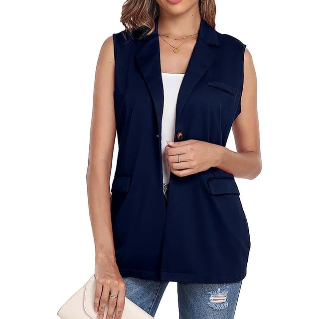 Vestes d'Automne et d'Hiver pour Femmes, Cardigan Sans Manches Décontracté à devant Ouvert, Gilet Cardigan à Simple Boutonnage avec Poches Bleu