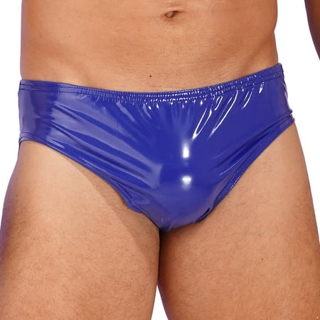 YONGHS Men Shiny Faux Leather Briefs Lingerie Low Rise Bulge Pouch Panties Underwear Blue XL
