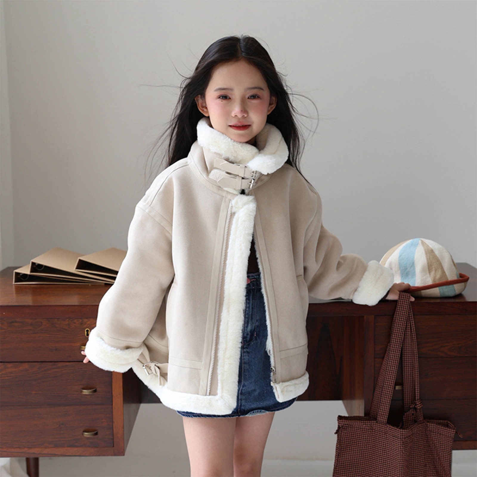 Girls Winter Faux Leather Jacket Long Sleeve Zip up Lapel Fleece Lined Thick Warm Coat Fall Trendy Kids Jackets (4 Years, White)