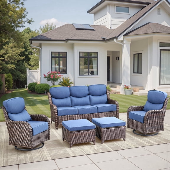 Jentlehouse 5 Piece Wicker Patio Furniture Set with 2 Swivel Chairs & 3-Seat Sofa with 2 Ottoman, Outdoor Sectional Conversation Set for Garden, Brown Wicker/Blue Cushions
