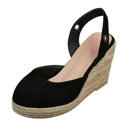 

sandals for Women Fashion Summer Women Sandals Wedge Heel Thick Sole Espadrille Straps Round Toe Sexy Casual Style PU Dress Sandals for Women Black