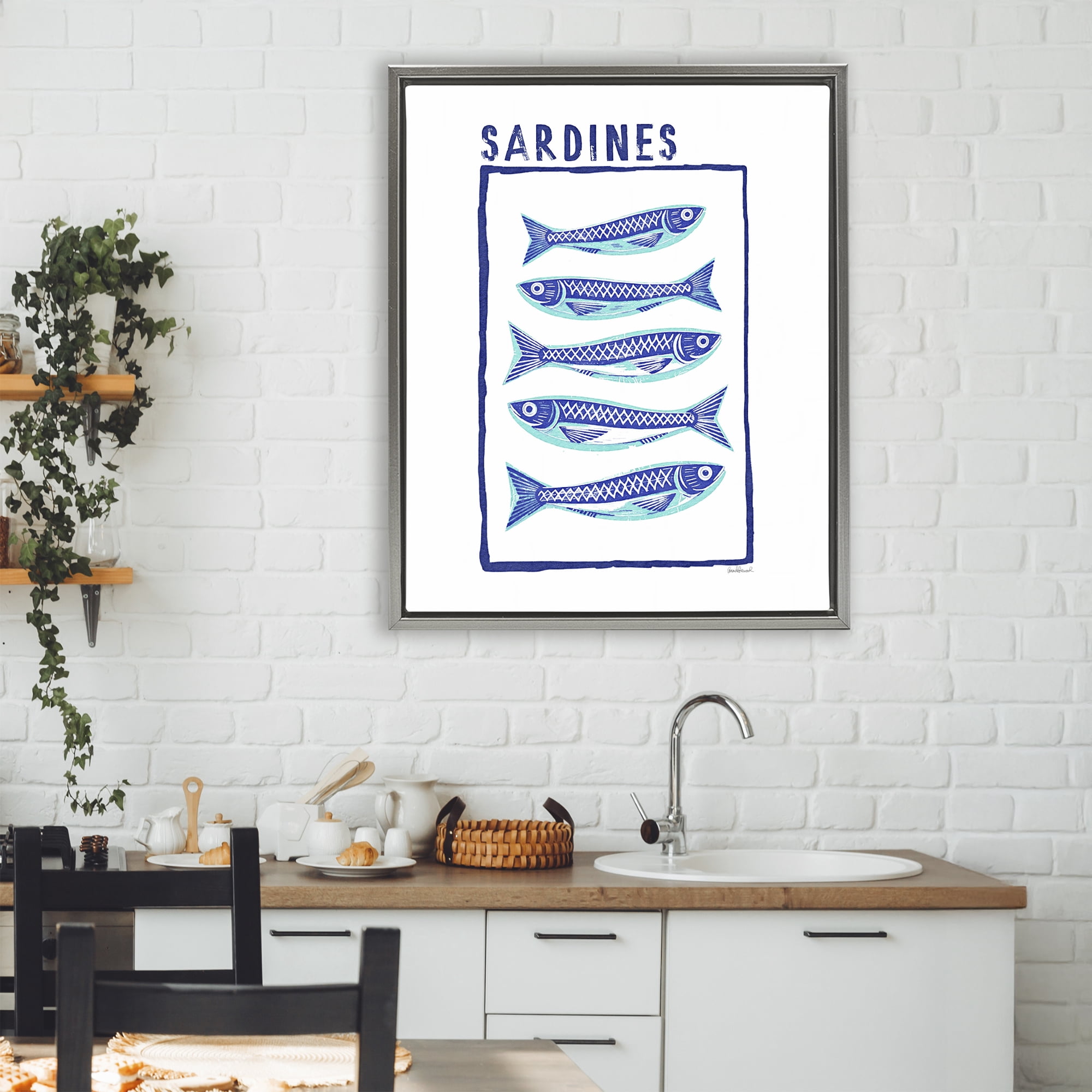 Stupell Industries Blocked Sardines Pattern Gray Framed Floater Canvas Wall Art, design by Amanda Greenwood