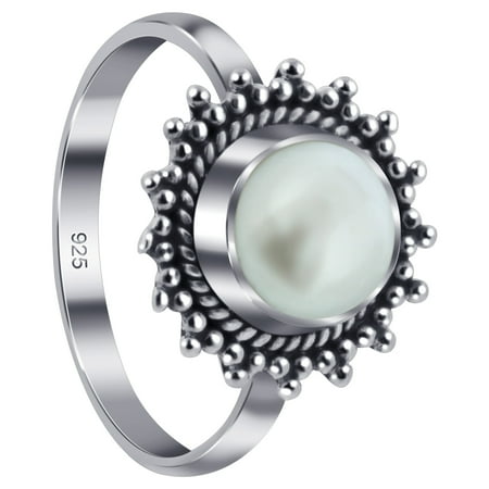 Faux Pearl Rhinestone Ring - Gem Avenue 925 Sterling Silver Faux Pearl Gemstone Bali Design Retro Style Ring