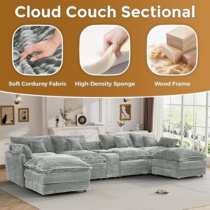 avobird Oversided 145" U Shaped Cloud Couch Sectional, DeepSeat Sofa Bed with USB Charging, Hidden Storage, Cup Holders & Chenille Double Chaise, Light Gray