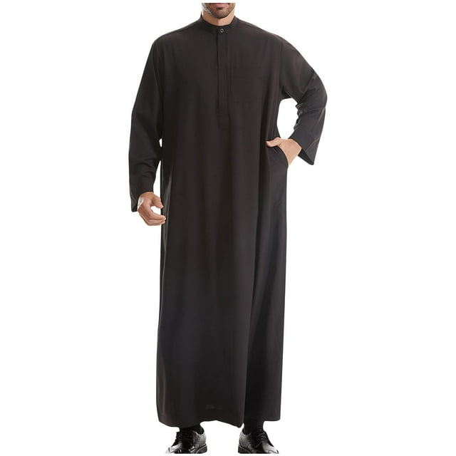 Fengqque Traditional Arabic Thobe, Long Sleeve Islamic Robe, Men's Middle Eastern Kaftan with Chest Pocket Black 4(S)