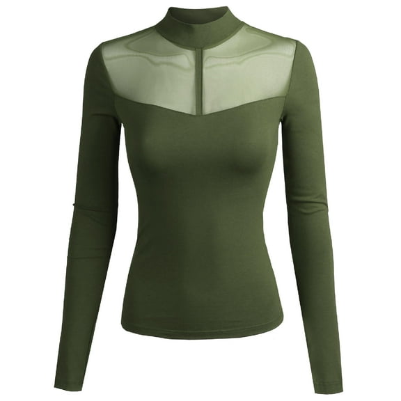 FashionOutfit Women's Fitted Long Sleeve Stretch Mock Neck Mesh Detail Top