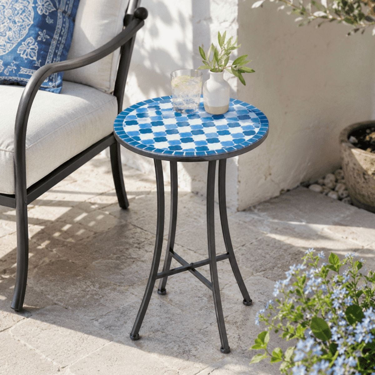 14 inch Side Table, Round Iron Top End Table, Indoor Outdoor Accent Table, Blue & White Checkered Mosaic