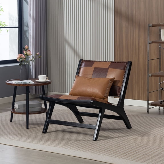 Modern Boho Accent Chair in Brown PU Leather with Solid Wood Frame for Cozy Living Room and Indoor Use