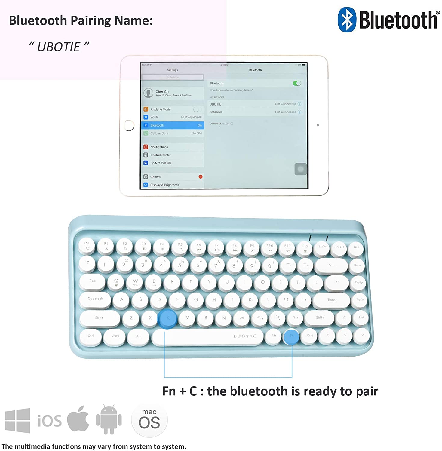 UBOTIE Portable Bluetooth Colorful Computer Keyboards, Wireless Mini Compact Retro Typewriter Flexible 84Keys Design Keyboard - image 3 of 7