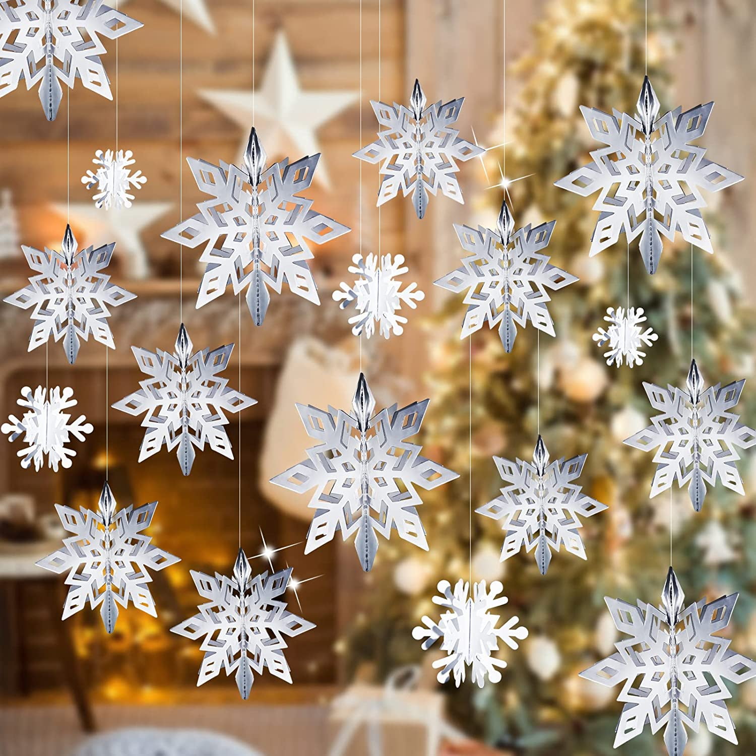 LINDOO winter snowflake hanging decorations - 3d large silver snowflakes  paper hanging garland for christmas winter wonderland holid