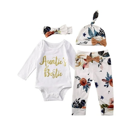

Nokpsedcb Baby Girl Long Sleeve Flower Print Romper Pants Hat Headband Outfits