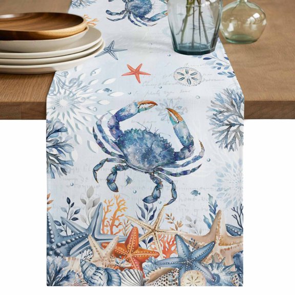 CrabCoastal Table Runner 60 Inches, Summer Beach Coral Starfish Blue Ombre Bed Runner Dresser Scarves Tabletop for Indoor Outdoor Parties/Ceremony/Banquet, 13" x 60"