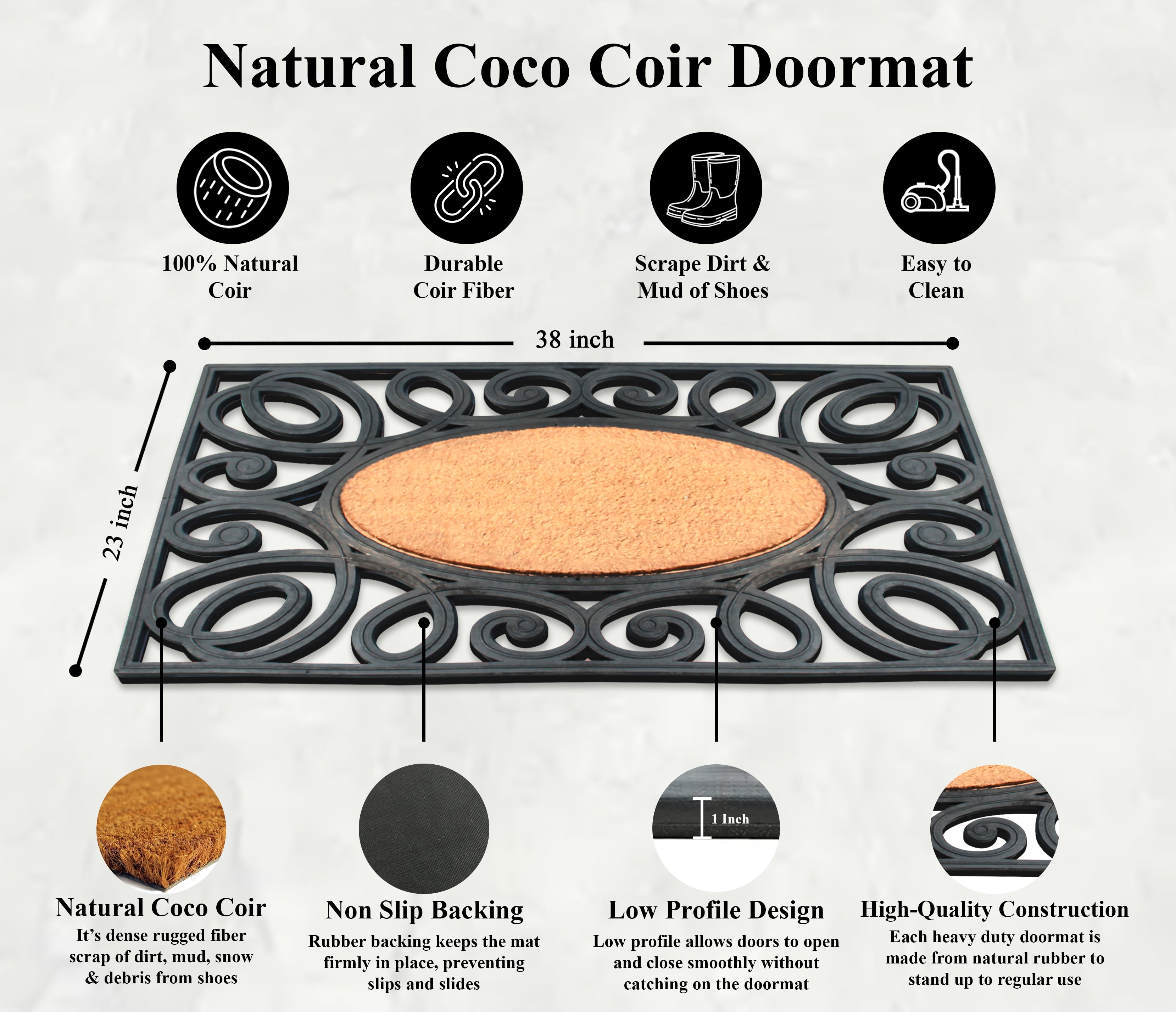 A1 Home Collections 38"×23" Natural Coir & Rubber Doormat - Decorative Welcome Design, Heavy Duty Coconut Fiber Entry Mat with Non-Slip Backing - Anti-Shed Treated, Low Profile Outdoor Front Door Mat