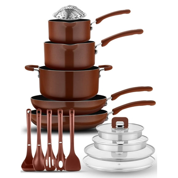 NutriChef Nonstick Cookware Set, Kitchen Pots and Pans Set, Induction Cookware, Space Saver, Dishwasher & Oven Safe, Includes a Foldable Steamer Basket and Cooking Utensils, Brown 17 P