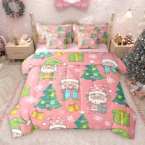 Manfei Cute Cartoon Gnome 7-Piece Bedding Comforter Set,Lovely Xmas Tree King Bedding Sets,Pink Green Bed Sheets For Boy Kids,Microfiber Bedroom Decor Reversible