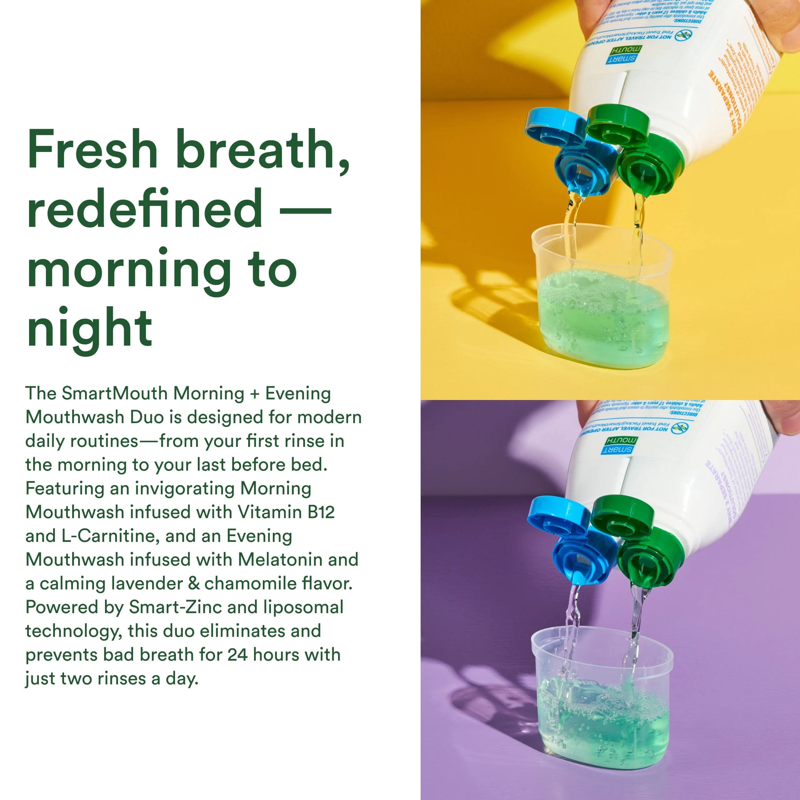 SmartMouth Advanced Liposomal Morning & Evening Mouthwash Bundle - No Morning Breath & All-Day Fresh Breath - Dual-Solution Zinc-Activated Mouthwash Duo - Alcohol Free - 16 fl oz Each